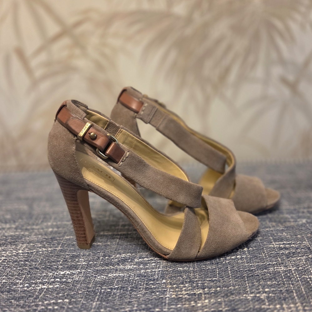 Coach Heels Suede Taupe Saddle Leather Buckle Wood Block Open Toe Classy Sz 8B